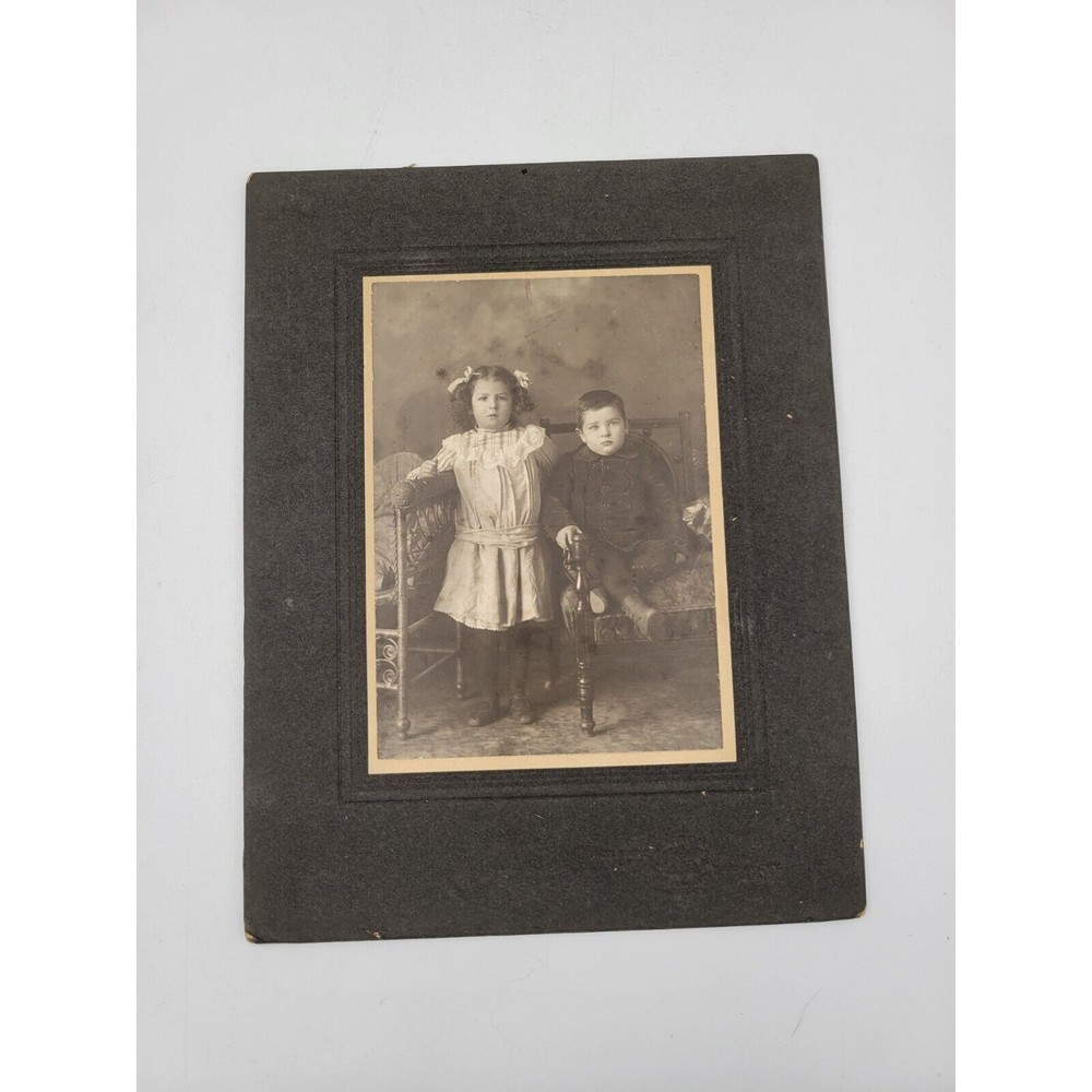 Antique Real Photo Cabinet Card Young Boy & Girl Siblings Children‎
